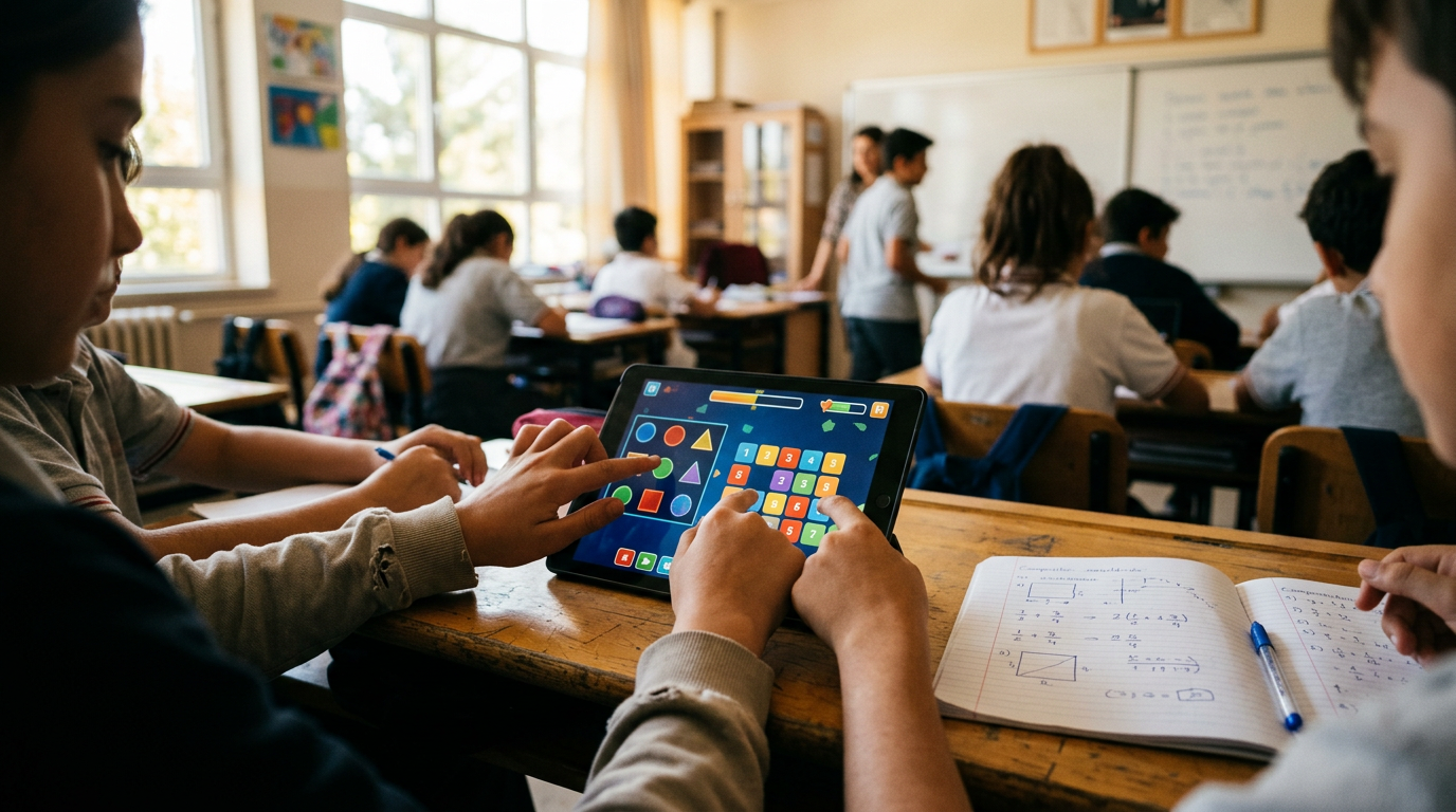Sınıfta tablette matematik bulmaca oyunu oynayan öğrenciler